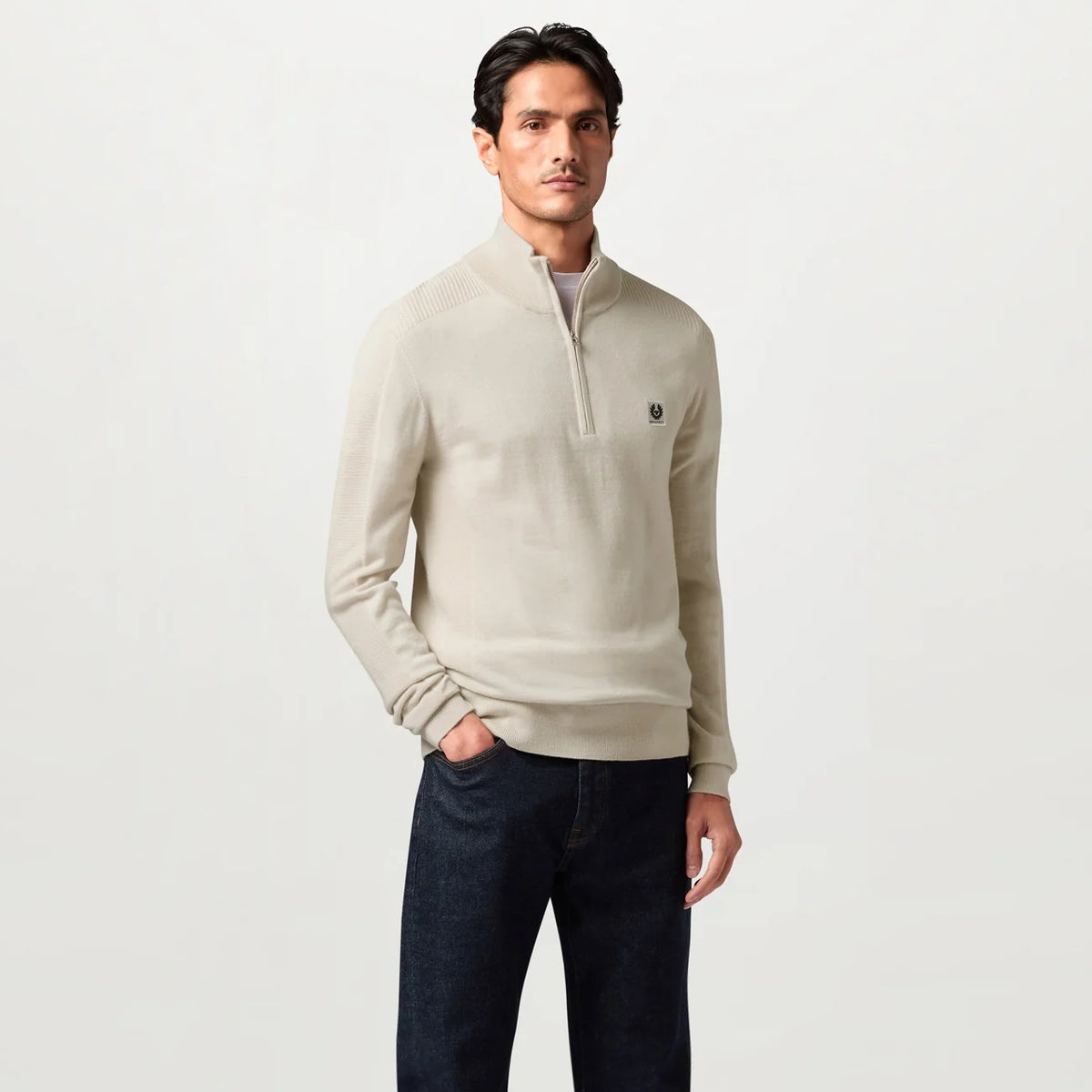 Belstaff Colden Merino Viertelreißverschluss-Pullover Beige