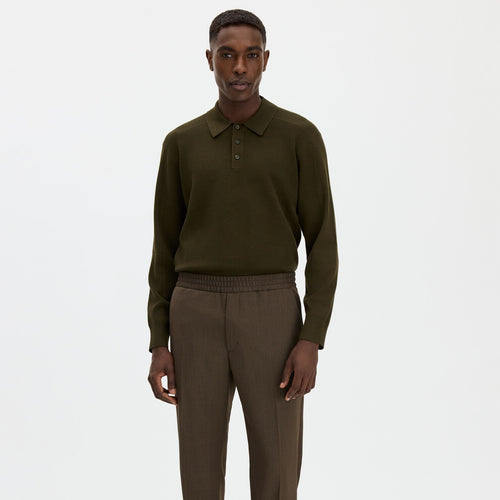 Filippa K Textured Knit Langarm-Poloshirt Dunkelgrün