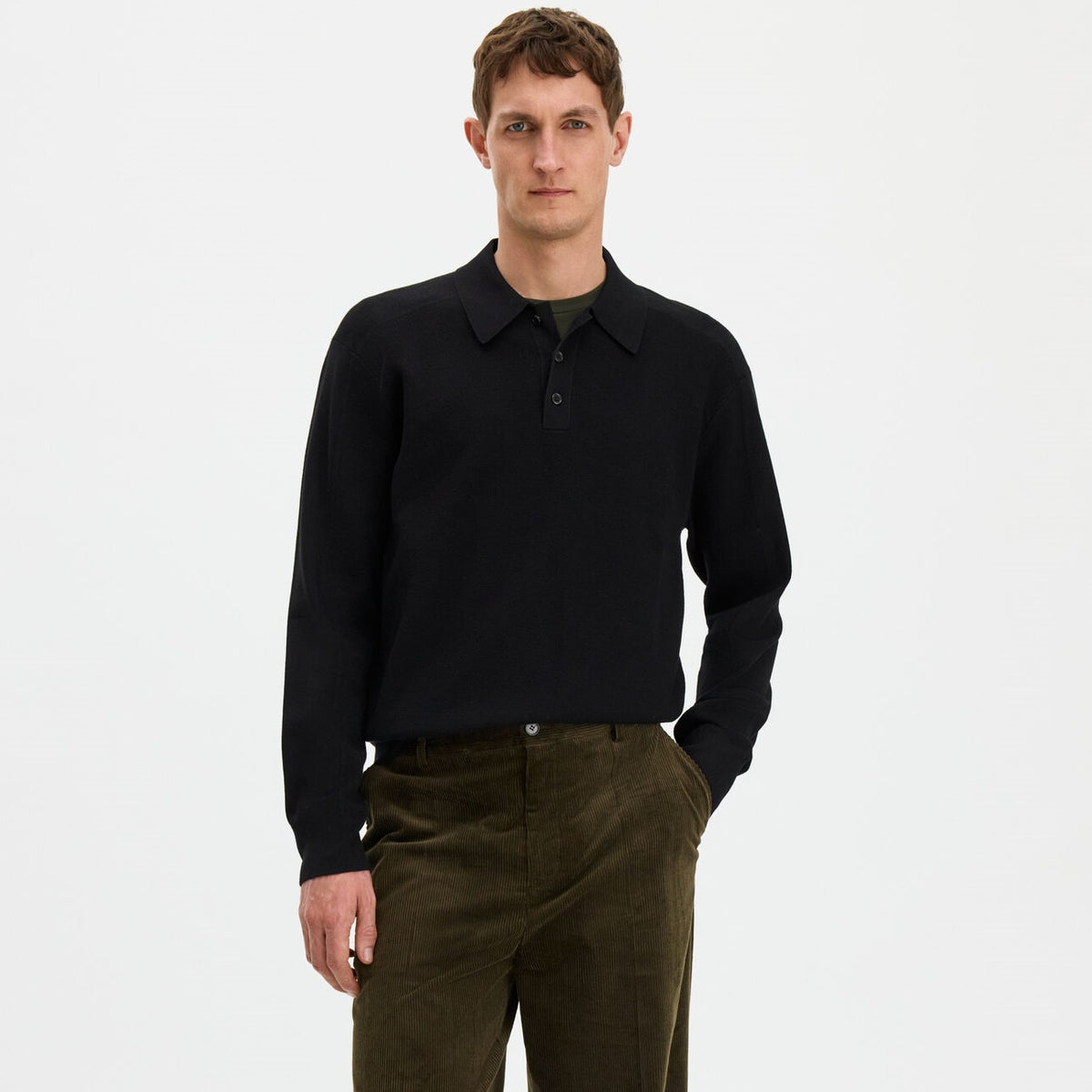 Filippa K Strick-Langarm-Poloshirt mit Struktur Schwarz