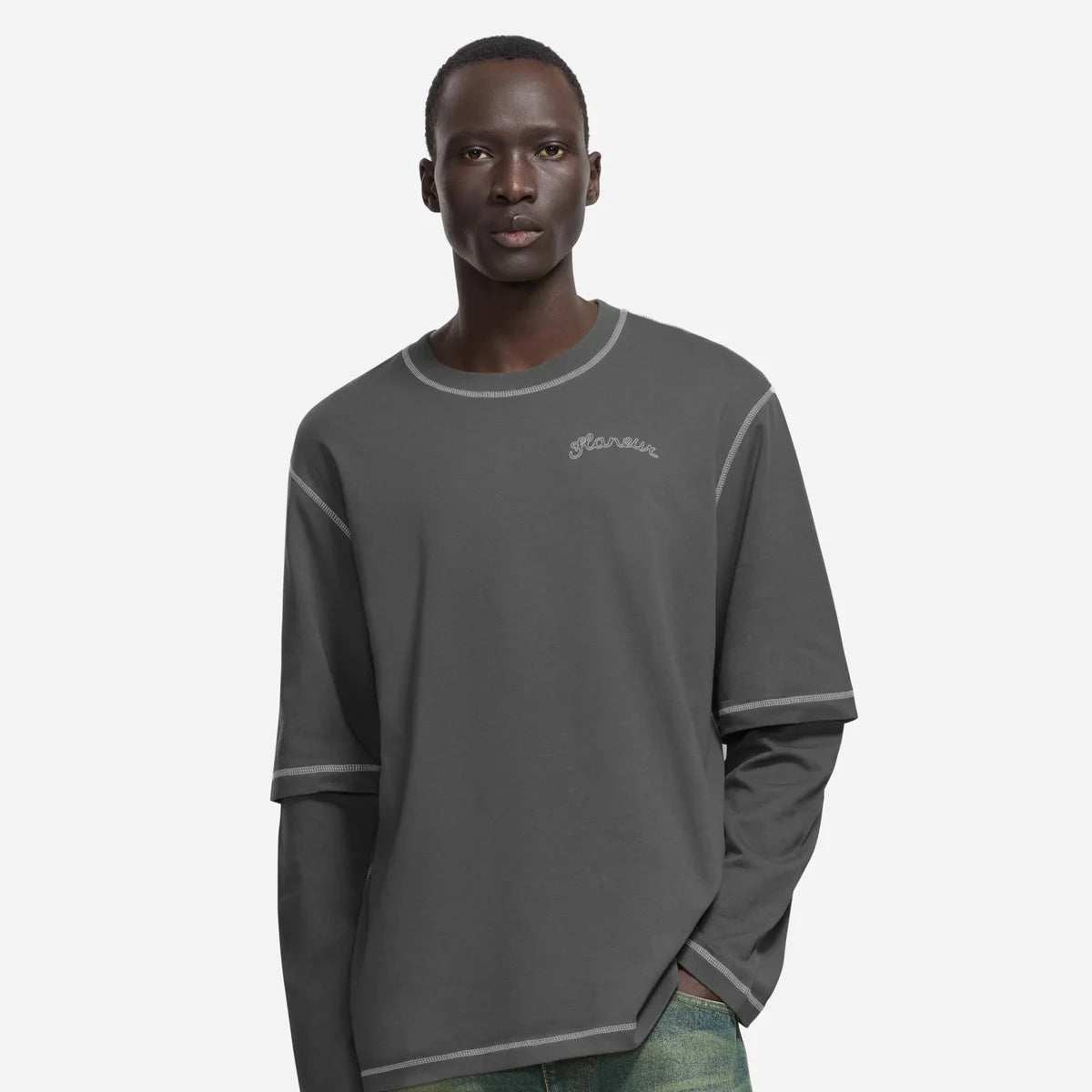 Flâneur Signature Outline Layered Longsleeve T-shirt Schwarz