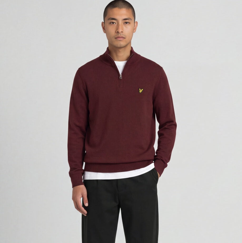 Lyle & Scott Cotton Merino Viertelreißverschluss Pullover Bordeaux