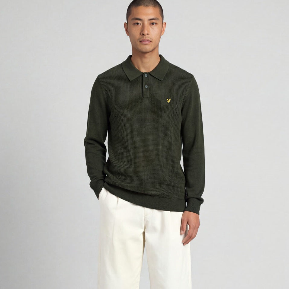 Lyle & Scott Waffelstrick-Poloshirt mit Einsätzen, Langarm-Poloshirt Dunkelgrün