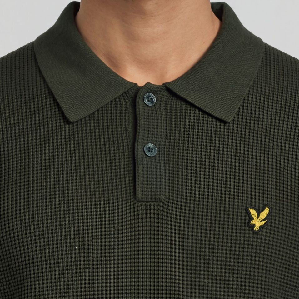 Lyle & Scott Waffelstrick-Poloshirt mit Einsätzen, Langarm-Poloshirt Dunkelgrün