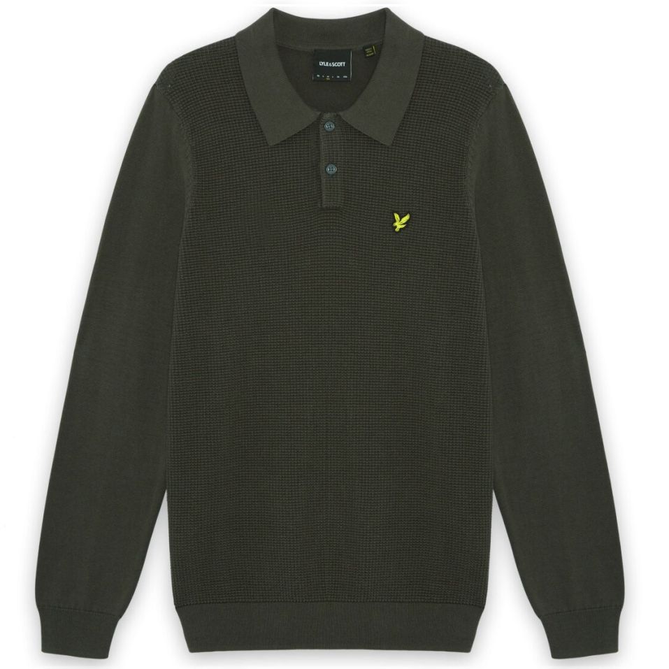 Lyle & Scott Waffelstrick-Poloshirt mit Einsätzen, Langarm-Poloshirt Dunkelgrün