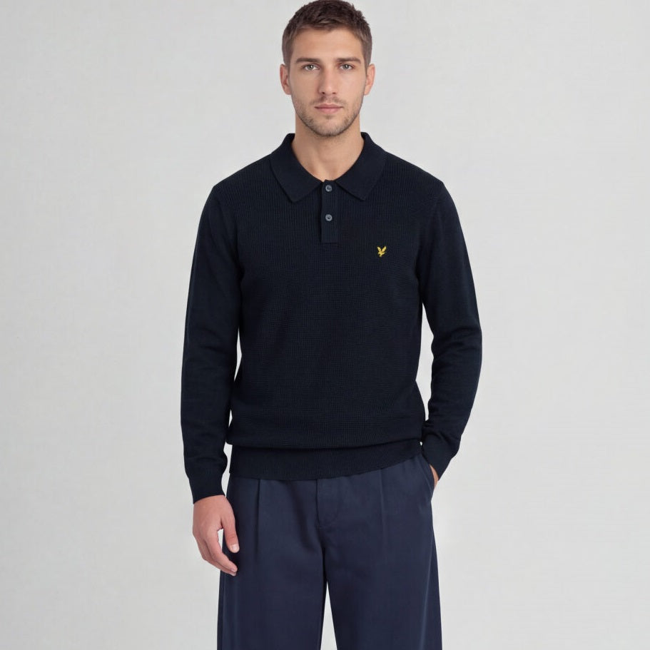 Lyle & Scott Panelled Waffle Knitted Langarm-Poloshirt Marine