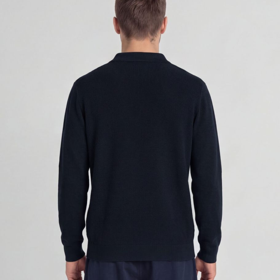 Lyle & Scott Panelled Waffle Knitted Langarm-Poloshirt Marine