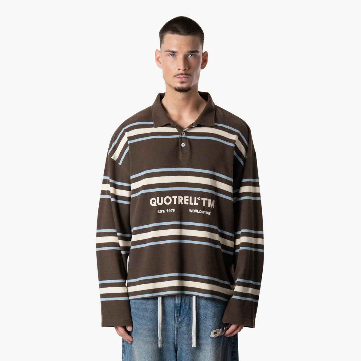 Quotrell Gestreiftes Langarm-Poloshirt Braun