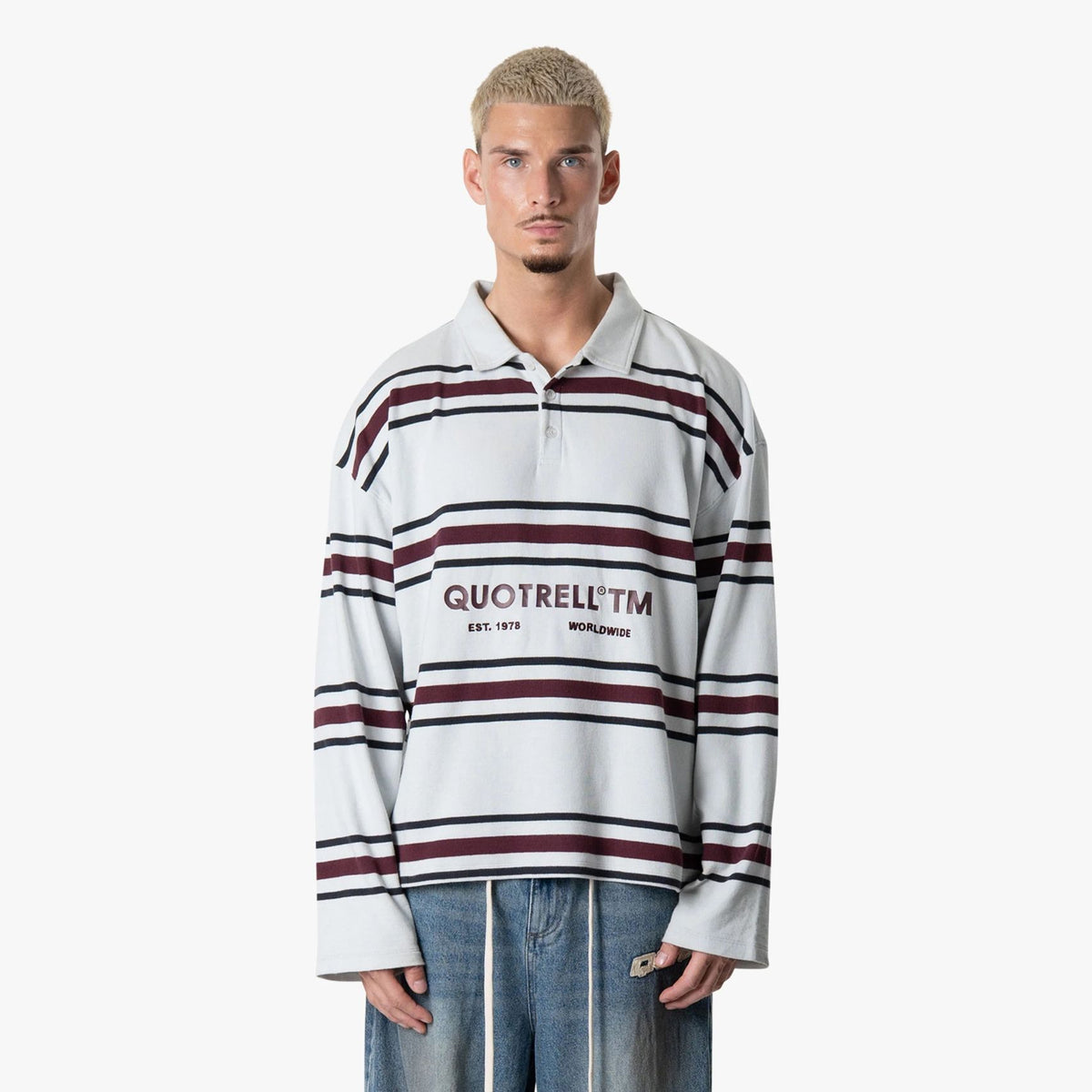 Quotrell Gestreiftes Langarm-Poloshirt Hellblau