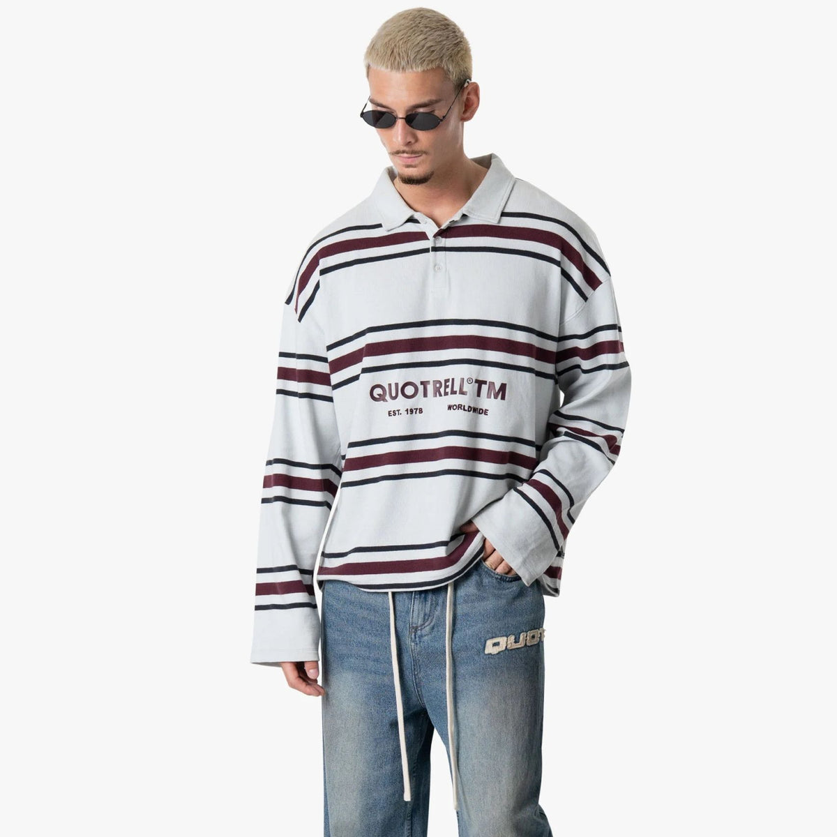 Quotrell Gestreiftes Langarm-Poloshirt Hellblau