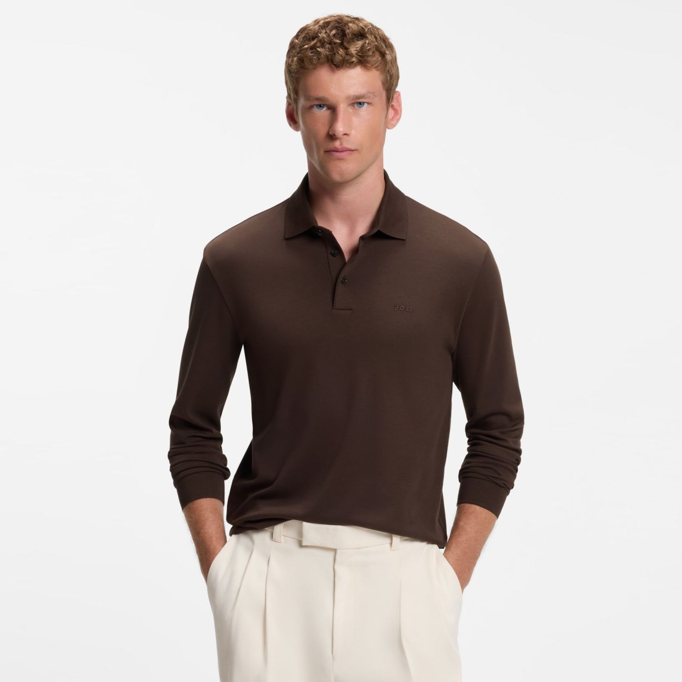 Boss Pado Langarm-Poloshirt Braun