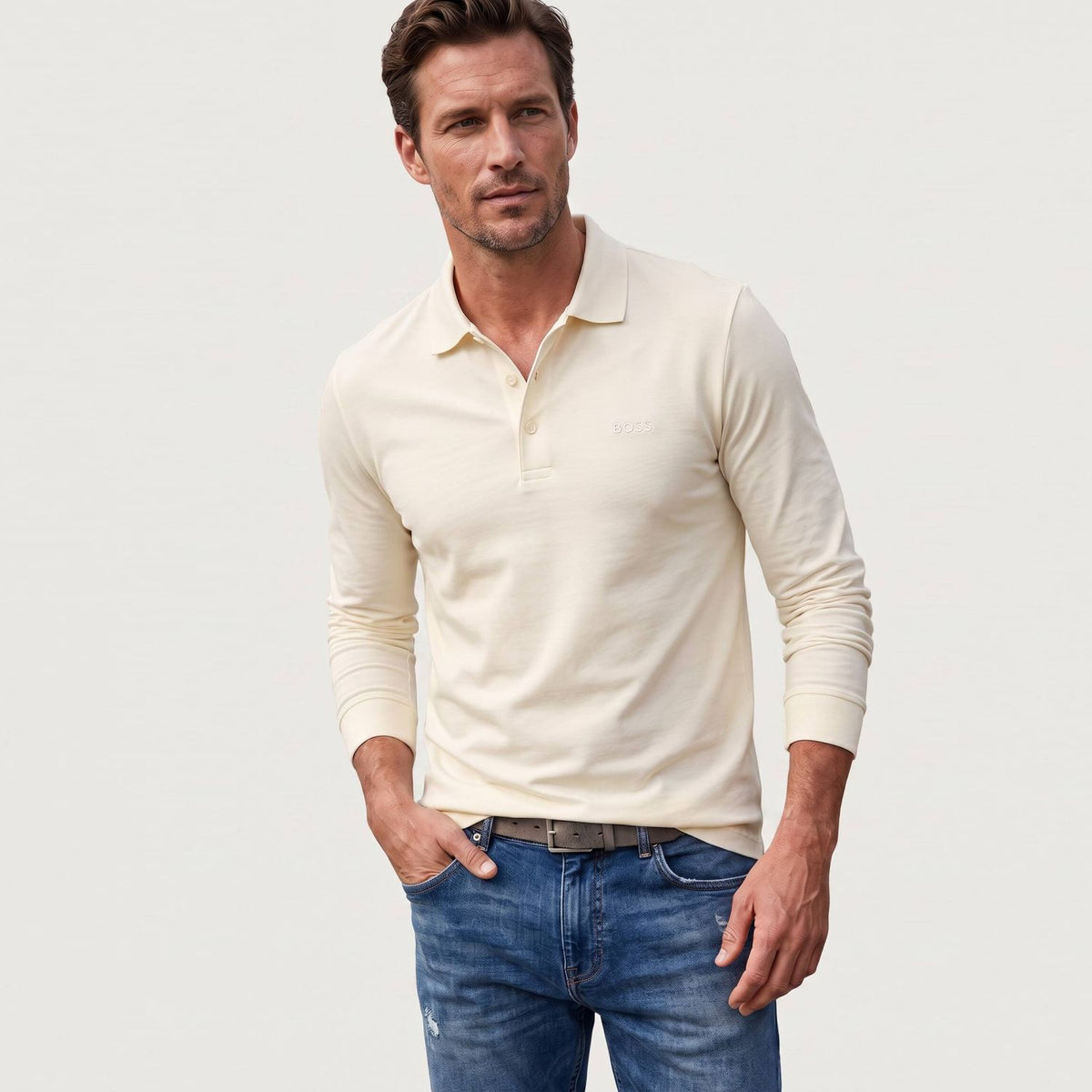 Boss Pado Longsleeve Polo Off White