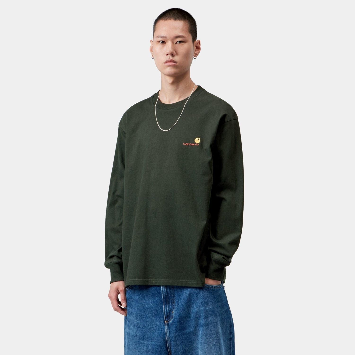 Carhartt WIP American Script Langarm-T-shirt Dunkelgrün