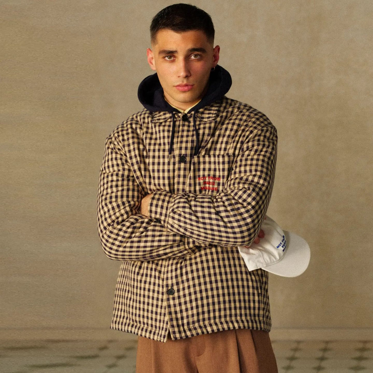 Drôle De Monsieur Checked Slogan Überhemd Beige/Marine