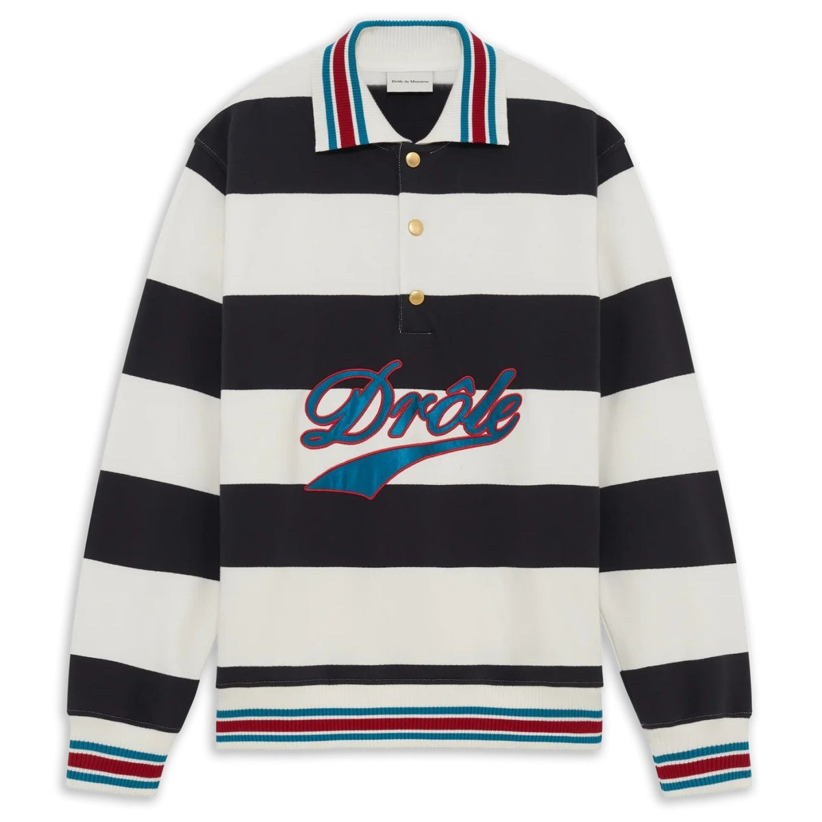 Drôle De Monsieur Drôle Embroidered Stripes Langarm-Poloshirt Offwhite/Marine