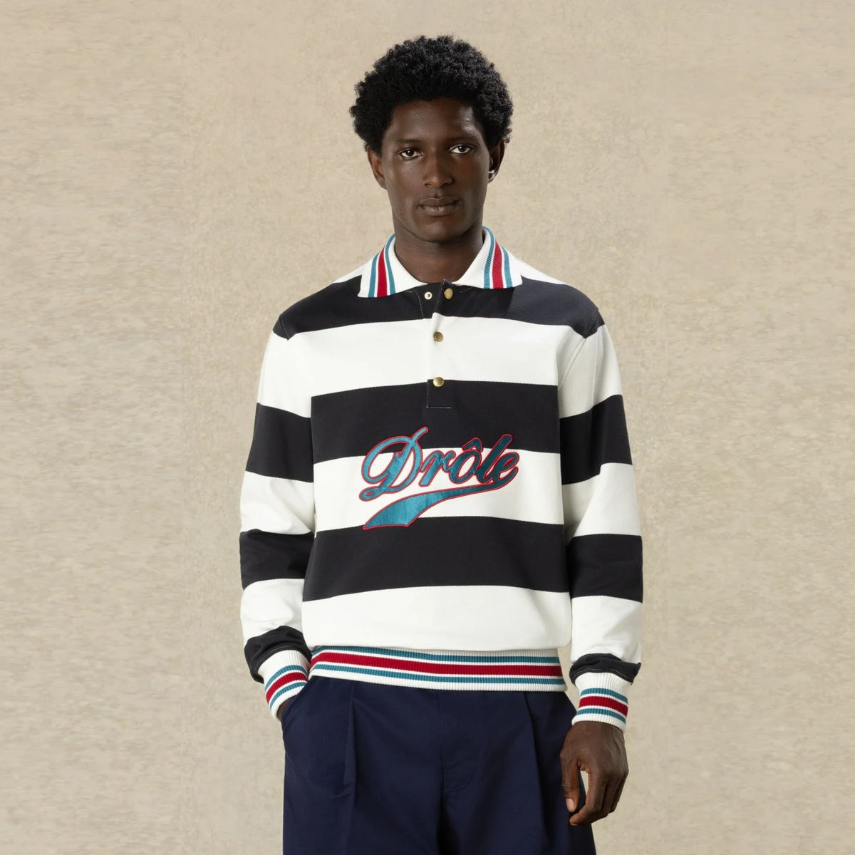 Drôle De Monsieur Drôle Embroidered Stripes Langarm-Poloshirt Offwhite/Marine