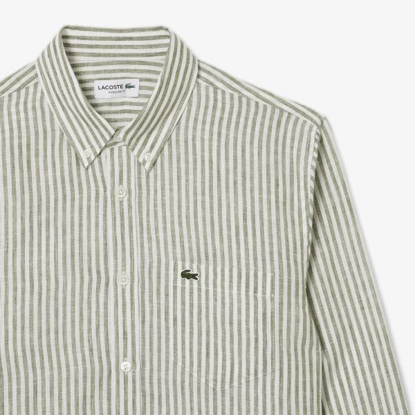 Lacoste Striped Linen Overhemd Donker Groen/Wit