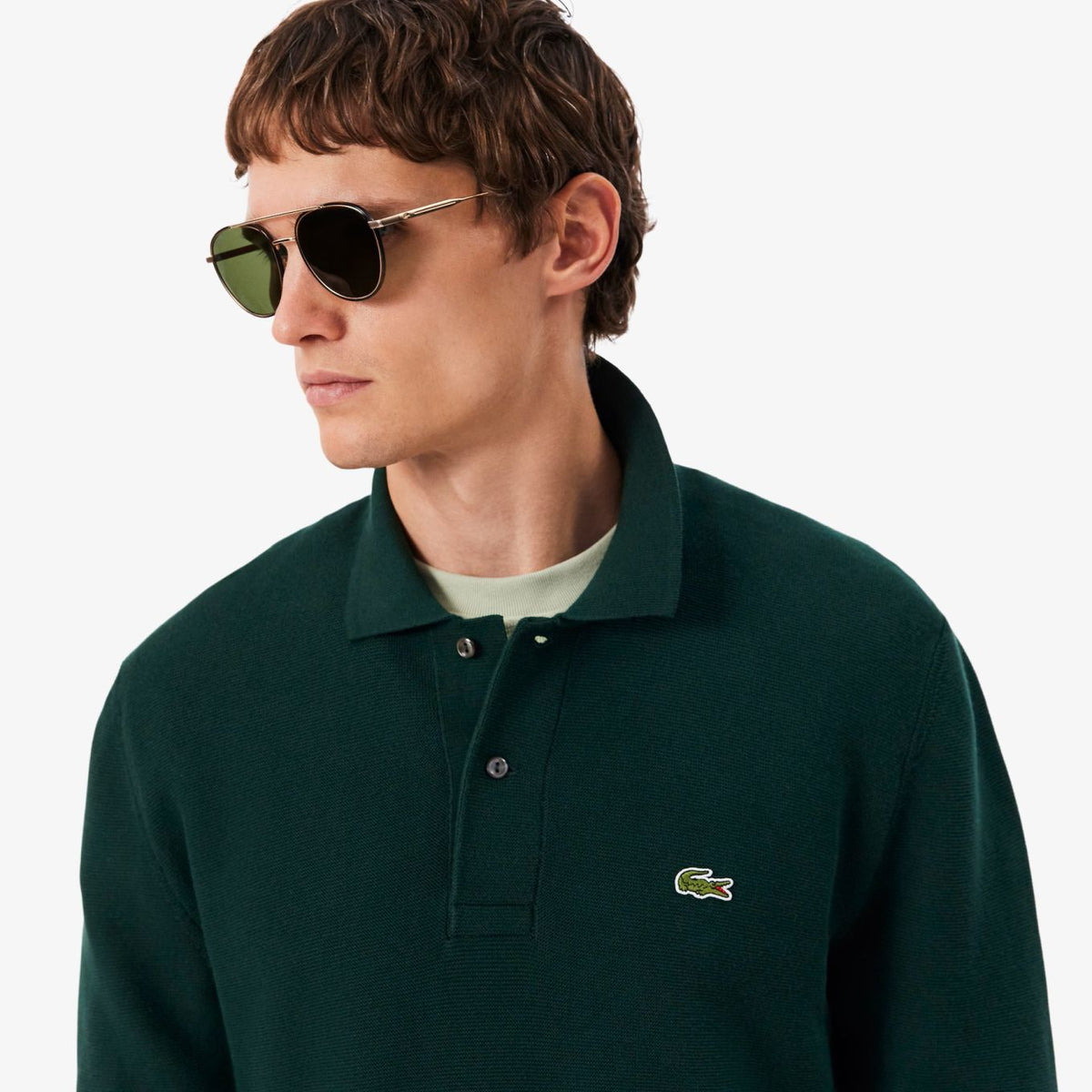 Lacoste Strick-Langarm-Poloshirt Dunkelgrün