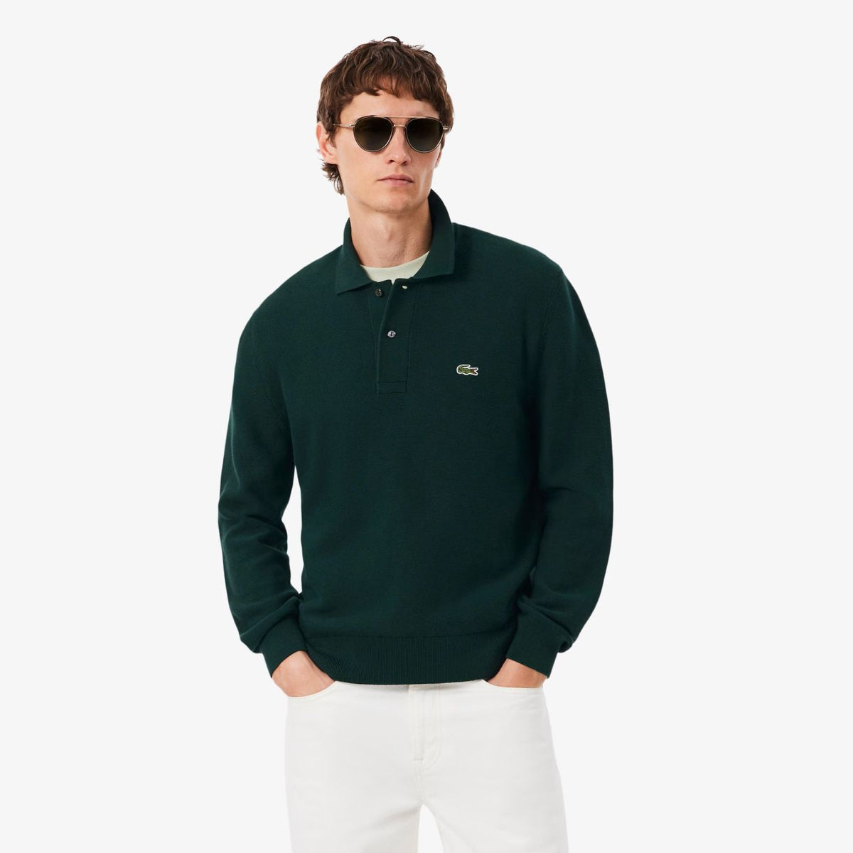 Lacoste Strick-Langarm-Poloshirt Dunkelgrün
