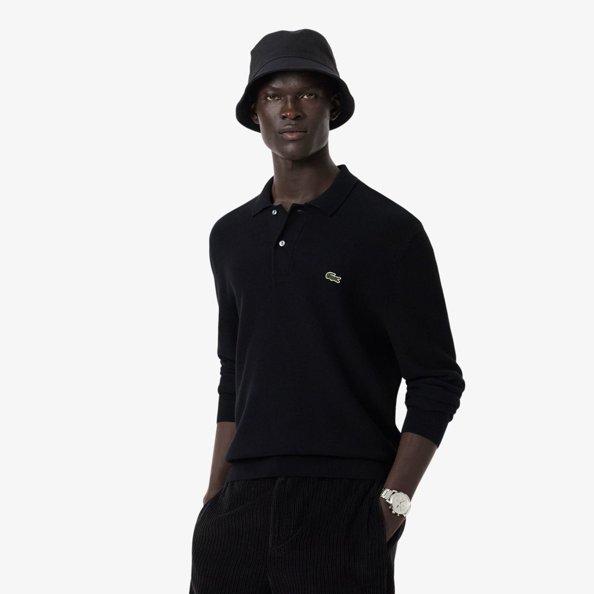 Lacoste Strick-Langarm-Poloshirt Schwarz