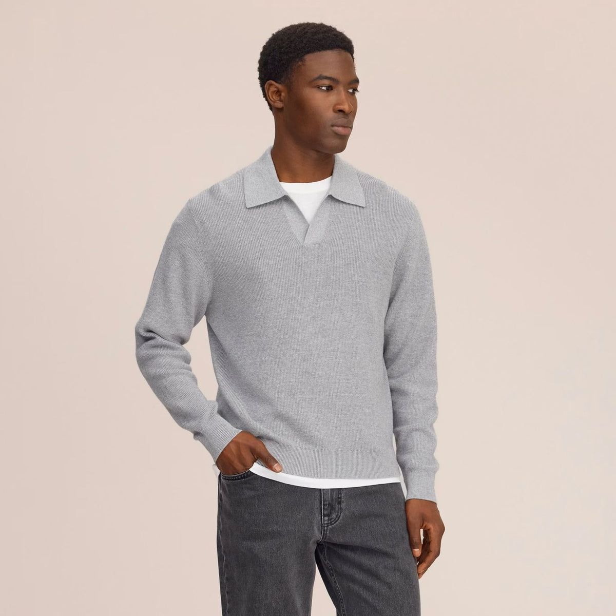 NN.07 Hope Rib Langarm-Poloshirt Grau