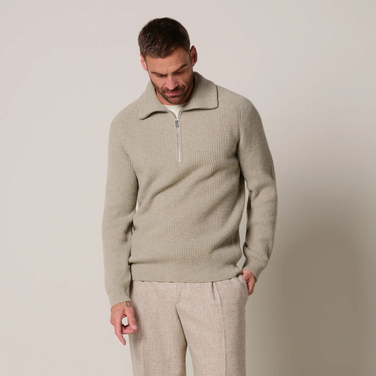 Profuomo Heavy Knitted Half-Zip Pullover Beige
