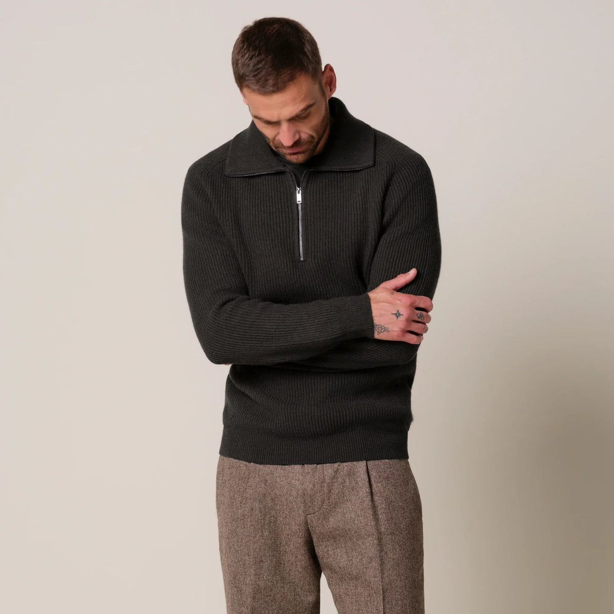 Profuomo Heavy Knitted Half-Zip Pullover Dunkelbraun