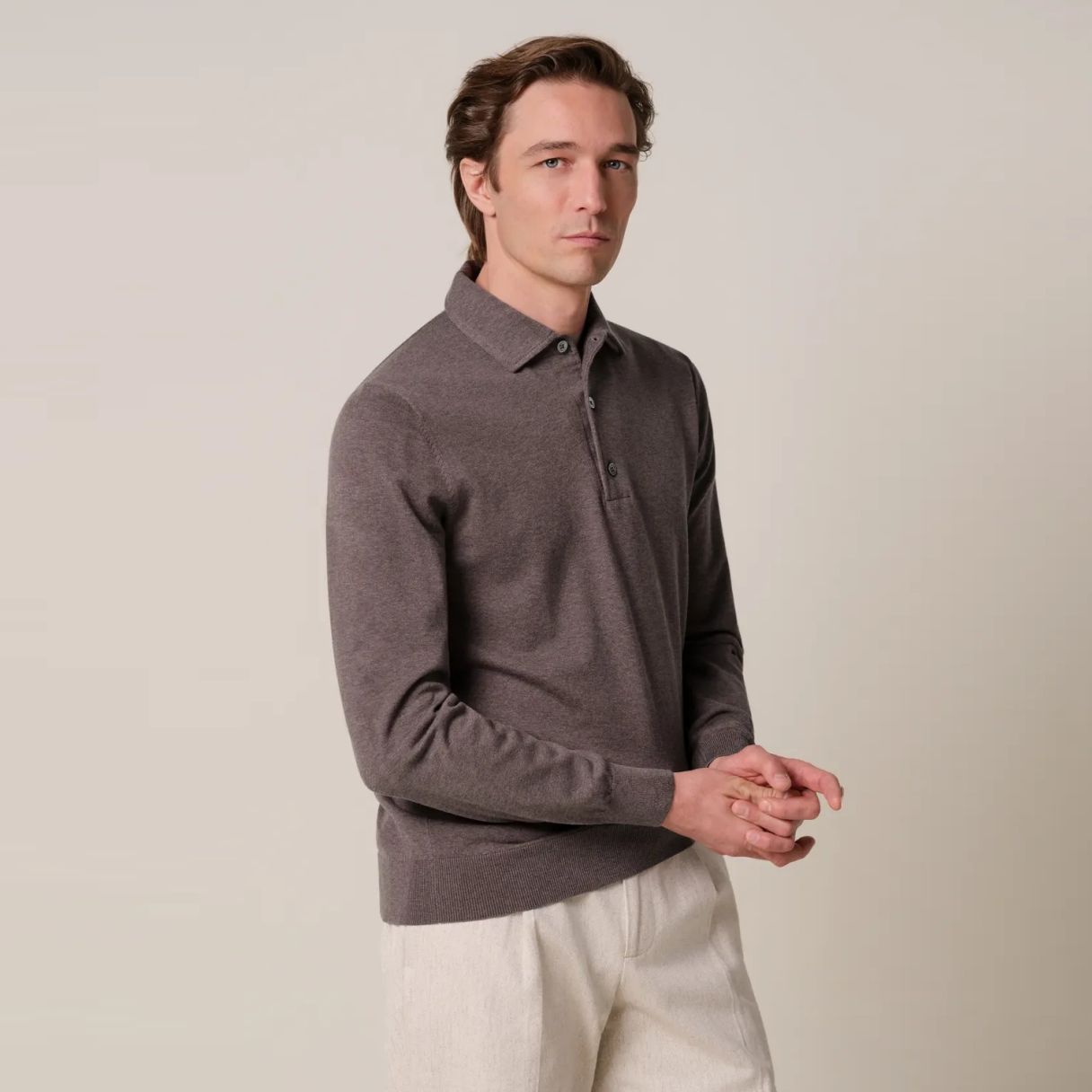 Profuomo Luxury Langarm-Poloshirt Braun