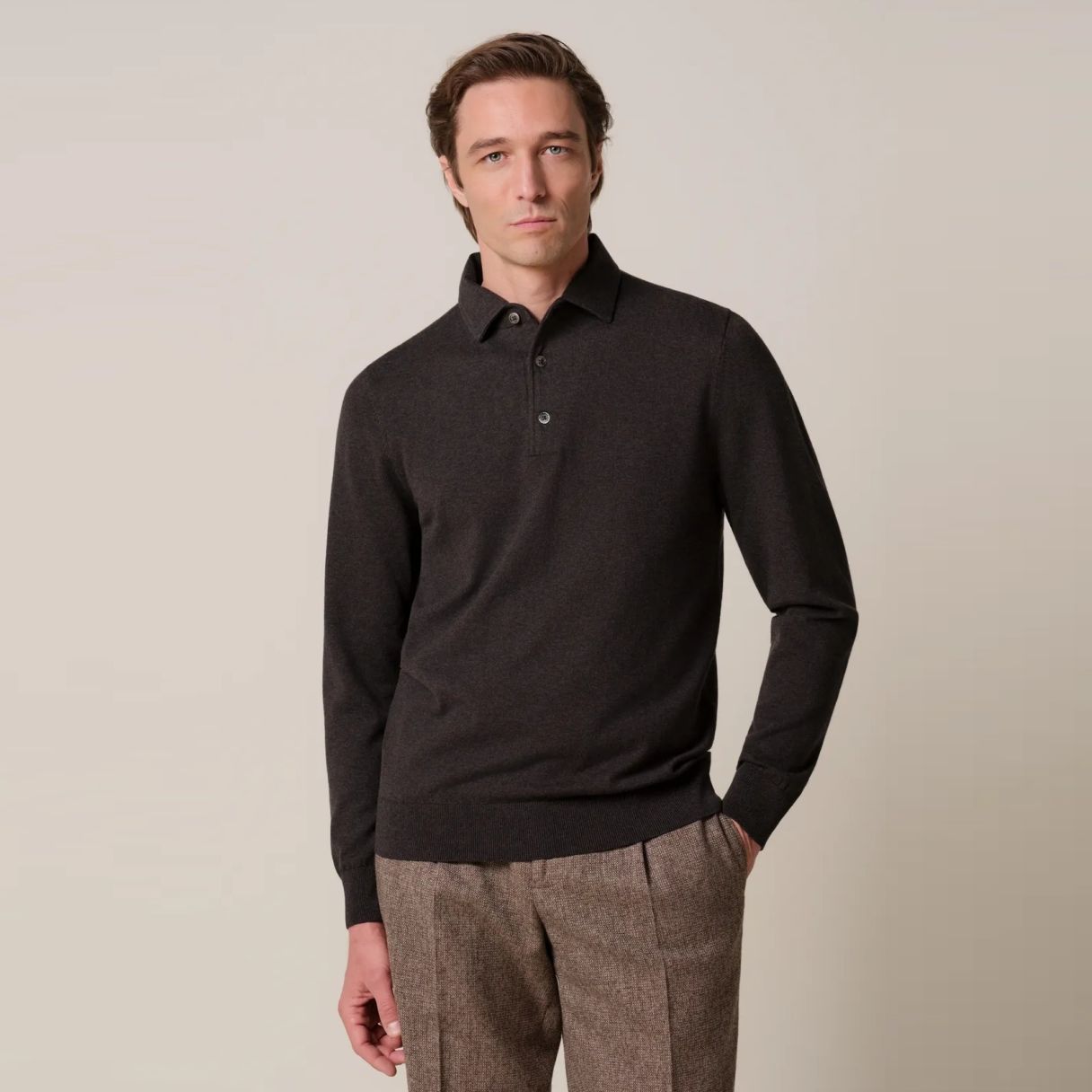 Profuomo Luxury Longsleeve Poloshirt Dunkelbraun