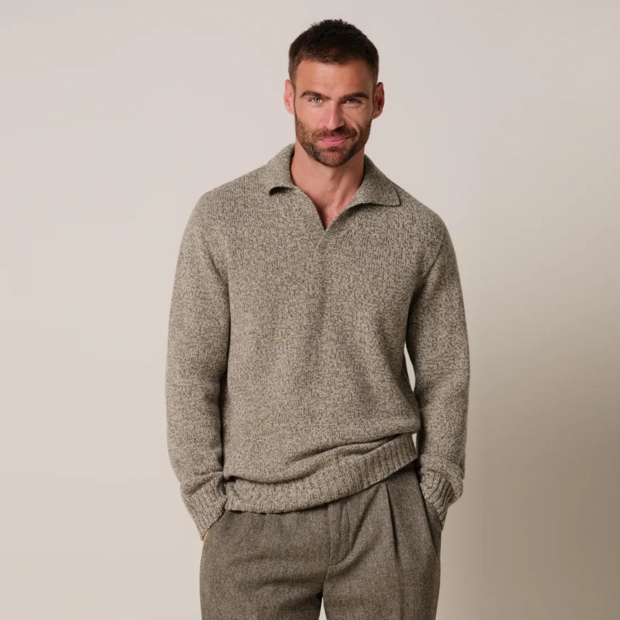 Profuomo Open Collar Cashmere Longsleeve Poloshirt Braun