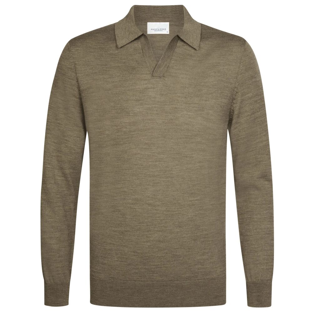Profuomo Langarm-Poloshirt mit offenem Kragen Braun