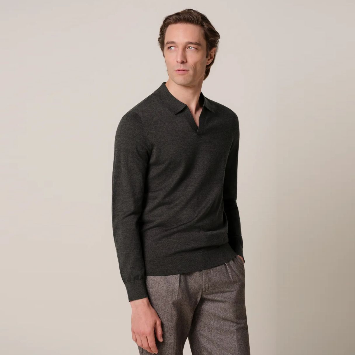 Profuomo Open Collar Langarm-Poloshirt Dunkelbraun