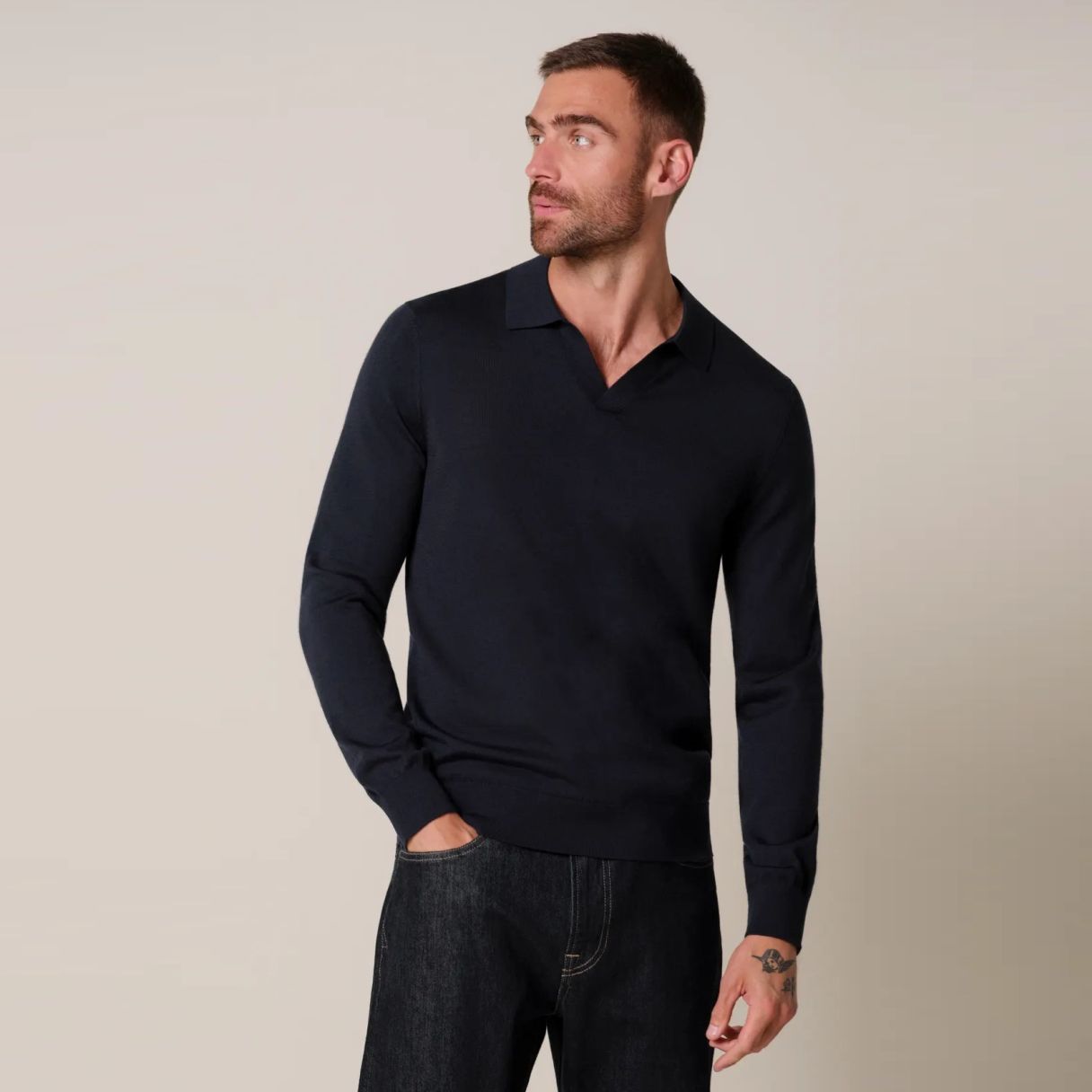 Profuomo Open Collar Langarm-Poloshirt Marine
