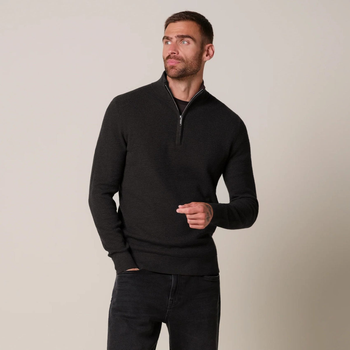 Profuomo Strukturierter Half-Zip Pullover Dunkelbraun