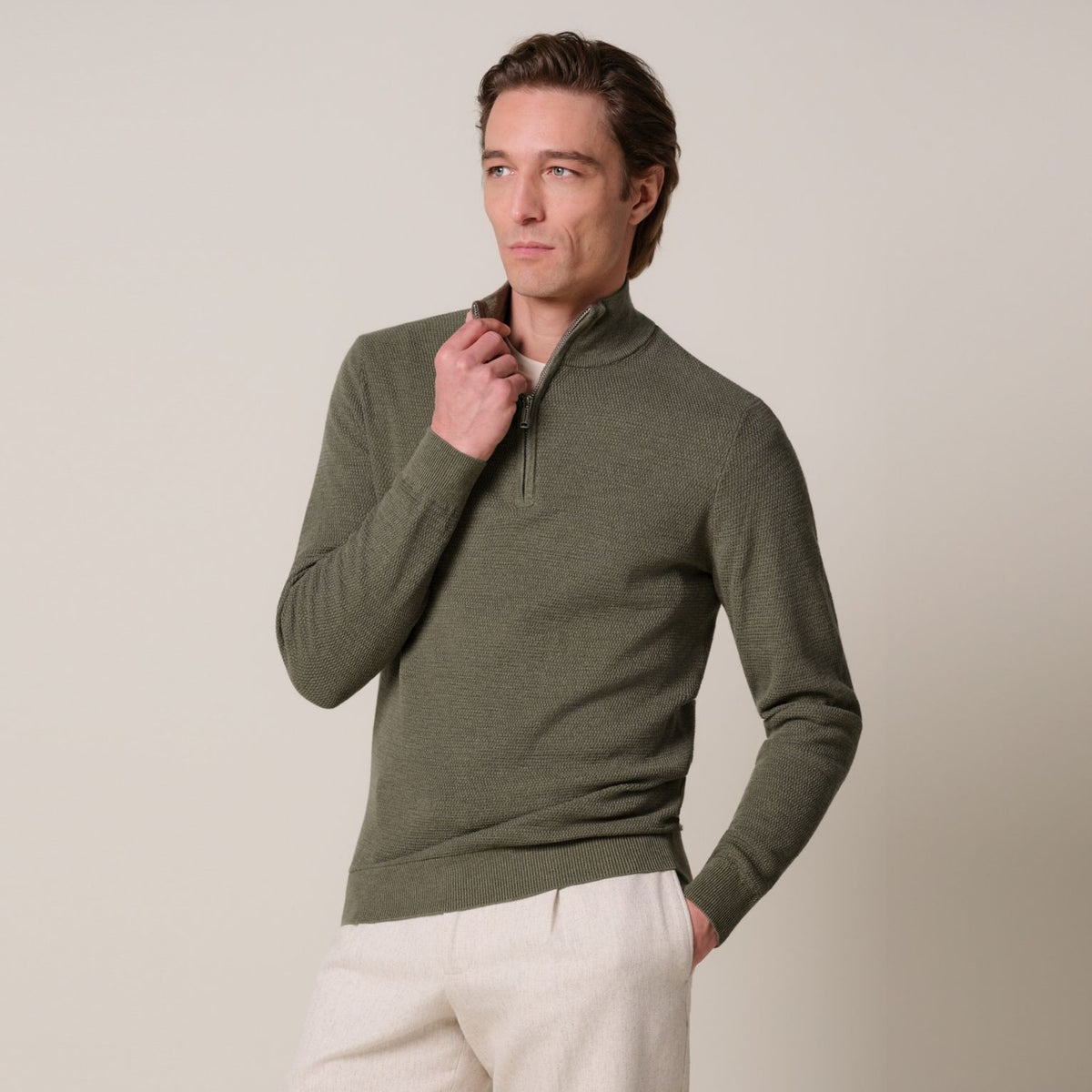 Profuomo Strukturierter Half-Zip-Pullover Dunkelgrün