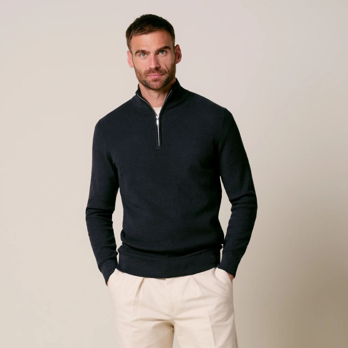 Profuomo Strukturierter Half-Zip Pullover Marine