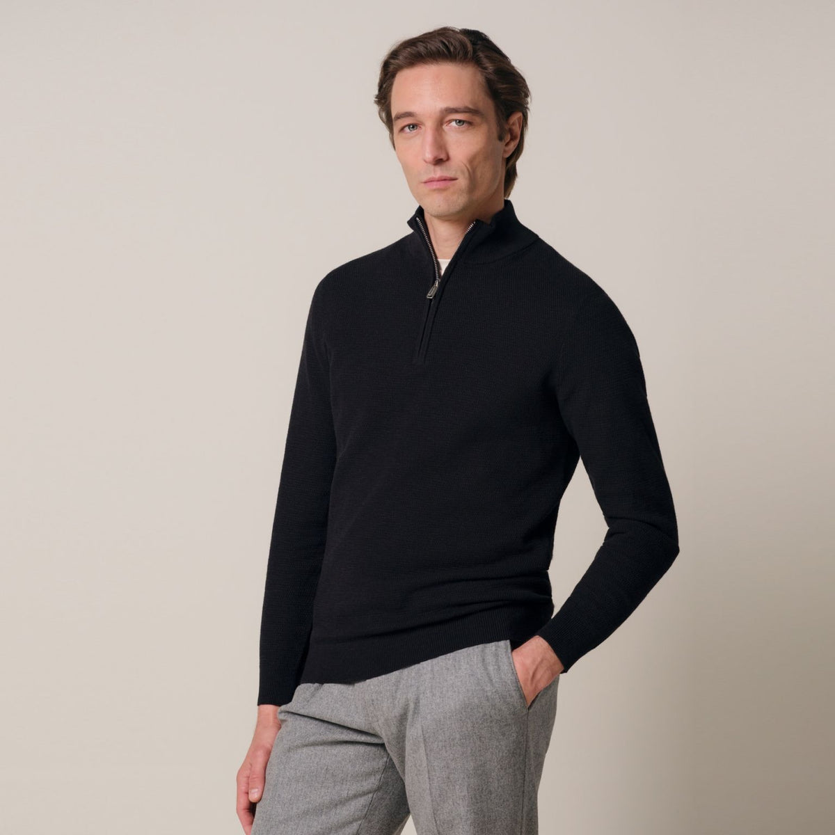 Profuomo Strukturierter Half-Zip Pullover Schwarz