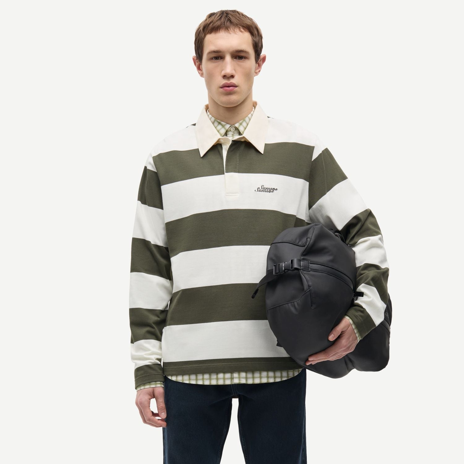 Samsøe Samsøe Sakevin Langarm-Poloshirt Dunkelgrün/Weiß