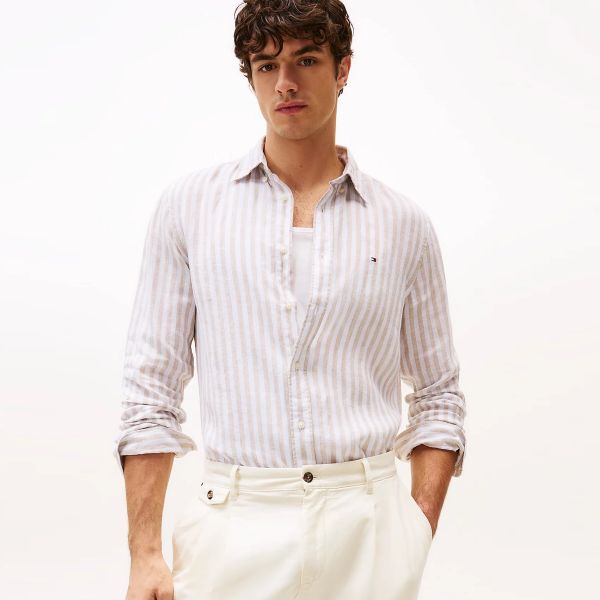 Tommy Hilfiger Linen Essential Stripe Overhemd Beige/Wit
