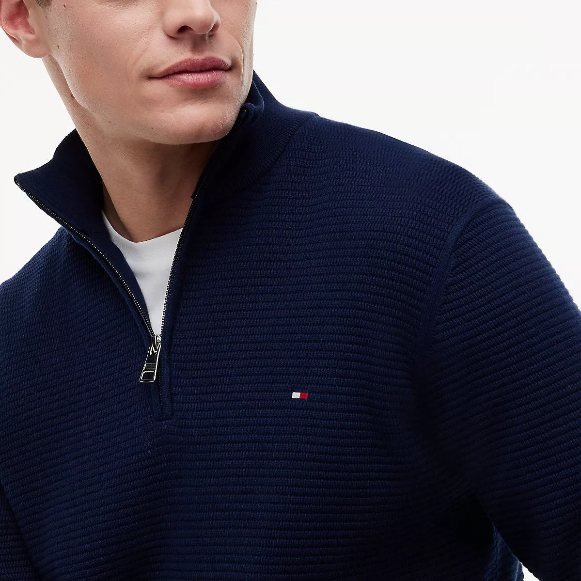 Tommy Hilfiger Textured Half-Zip Mock Neck Sweater Navy